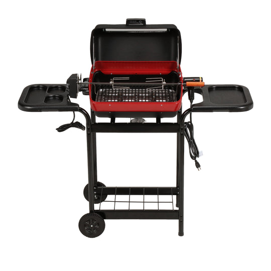 3-Zone Cart Electric Grill with Polymer Side Tables, Window, & Rotisserie