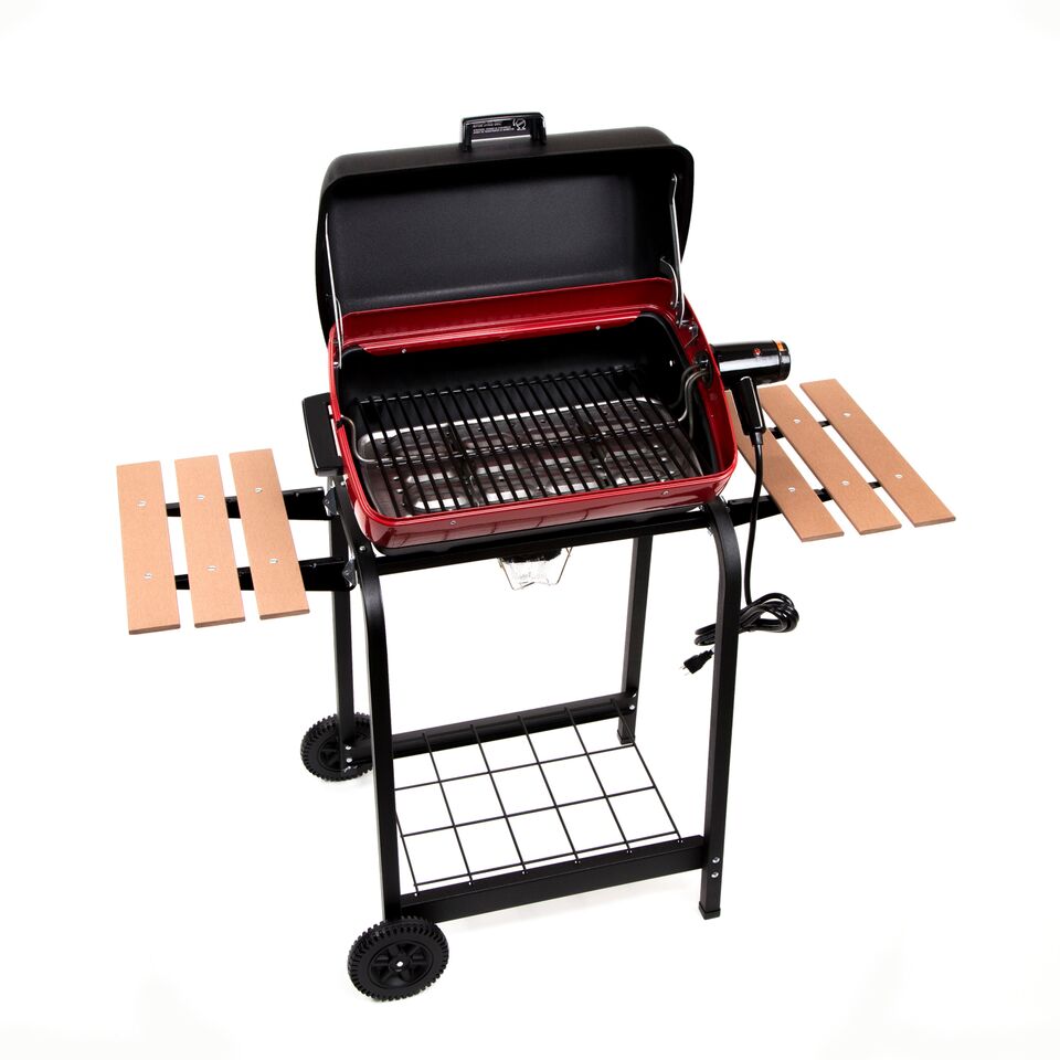 Americana Electric Cart Grill with Two Folding, Composite-Wood Side Tables  and Wire Shelf-Model 9325U8181 – MECO